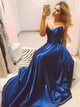 Strapless Satin Navy Blue A Line Prom Dresses with Pleats