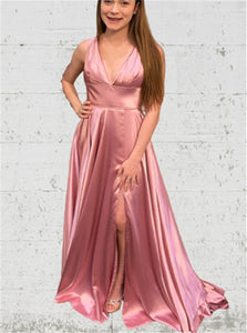 A Line V Neck Criss Cross Back Pink Satin Prom Dresses