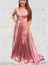 A Line V Neck Criss Cross Back Pink Satin Prom Dress with Slit LBQ2276