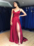 A Line Satin Spaghetti Straps Lace Up Prom Dresses With Split LBQ2455