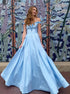 A Line Off the Shoulder Blue 3D Flower Satin Prom Dresses LBQ2184