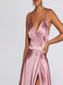 A Line Halter Backless Satin Prom Dresses with Slit LBQ2906