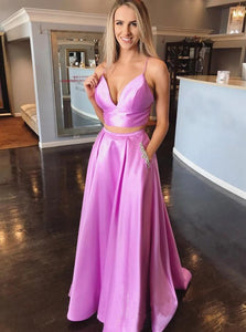 A Line Spaghetti Two Piece Pink Satin Pockets Prom Dresses