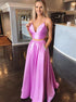 A Line Spaghetti Two Piece Pink Satin Pockets Prom Dress with Beadings LBQ2294