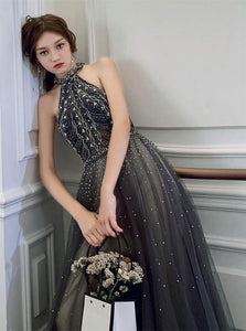 A Line Gray Halter Tulle Open Back Prom Dress with Beadings