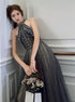 A Line Gray Halter Tulle Open Back Prom Dress with Beading LBQ2767