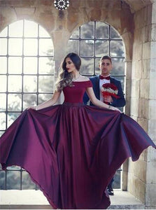 A Line Off the Shoulder Burgundy Satin Beadings Prom Dresses 