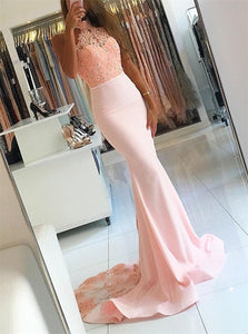 Mermaid Halter Satin Sweep Train Appliques Lace Prom Dresses