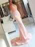 Mermaid Halter Satin Sweep Train Appliques Lace Prom Dresses LBQ2983