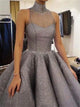 Ball Gown Halter Beadings Tulle Grey Prom Dresses