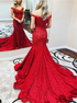 Red Lace Mermaid Off the Shoulder Appliques Prom Dresses LBQ2748