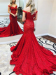 Red Lace Mermaid Off the Shoulder Appliques Prom Dresses 