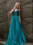 A Line Spaghetti Straps Blue Chiffon Prom Dresses with Ruffles LBQ2728
