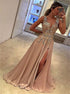 A Line V Neck Appliques Satin Prom Dresses with Slit LBQ2332