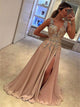 A Line V Neck Appliques Satin Prom Dresses