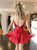 A Line V Neck Lace Up Red Mini Prom Dresses with Pleats