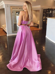 Two Piece Sweep Train Pink Evening Dresses