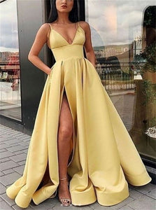 Sweep Train Yellow Pockets Pleats Evening Dresses
