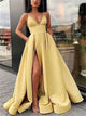 Sweep Train Yellow Pockets Pleats Evening Dresses