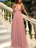 Pink V Neck  A Line Sequins Prom Dress LBQ0573