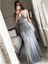 Sheath Spaghetti Straps Floor Length Grey Tulle Prom Dress with Beading LBQ2946