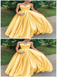 A Line Yellow Satin Sweetheart Prom Dresses with Pleats
