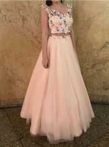 Two Piece Round Neck Pink Tulle Prom Dresses