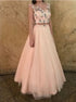 Two Piece Round Neck Pink Tulle Prom Dress with Appliques LBQ2532