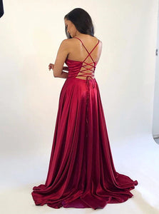 Sweep Train Red Evening Dresses with Slit