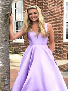 Purple Open Back Pockets Prom Dresses