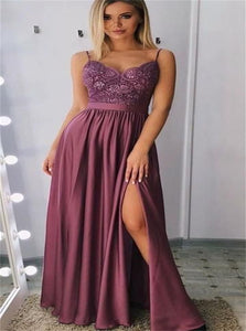 A Line V Neck Floor Length Prom Dresses With Slit