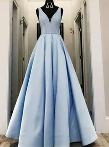 A Line Light V Neck Sky Blue Satin Prom Dresses