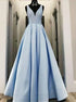 A Line Light V Neck Sky Blue Satin Prom Dress with Pleats LBQ2513