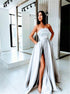 Slit A Line Prom Dresses Satin Silver Prom Dress LBQ1531