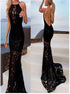 Sheath Black Halter Lace Backless Prom Dress LBQ2569