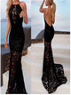 Sheath Black Halter Lace Backless Prom Dresses