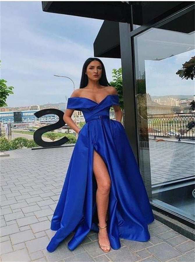 A Line Off Shoulder Satin Prom Dresses with Slit | Alinepromdress A Line Off Shoulder Satin Prom Dresses with Slit | Alinepromdress