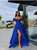 A Line Off Shoulder Royal Blue Satin Prom Dresses