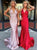 Mermaid V Neck Halter Red Pink Satin Pleats Prom Dresses