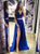 A Line Spaghetti Straps Royal Blue Two Pieces Satin Prom Dresses