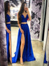 A Line Spaghetti Straps Royal Blue Two Pieces Satin Prom Dress with Slit LBQ3069