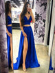 A Line Spaghetti Straps Royal Blue Two Pieces Satin Prom Dresses