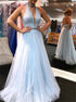 A Line Halter Tulle Sequins and Beadings Prom Dresses LBQ0532