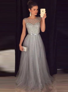 A Line Scoop Beadings Tulle Silver Prom Dresses
