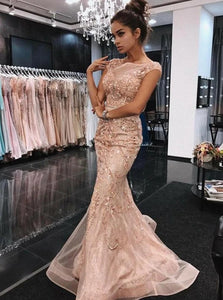 Scoop Sweep Train Pink Prom Dresses