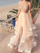 A Line Champagne Two Pieces Tulle Prom Dresses
