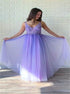 A Line V Neck Purple Beadings Tulle Prom Dresses LBQ2715