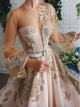 A Line Scoop Appliques Long Sleeves Tulle Champagne Prom Dresses