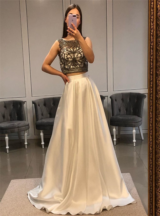 Golden A Line Scoop Satin Appliques Prom Dresses | Alinepromdress Golden A Line Scoop Satin Appliques Prom Dresses | Alinepromdress