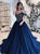 Sweep Train Dark Blue Tulle Beads Evening Dresses